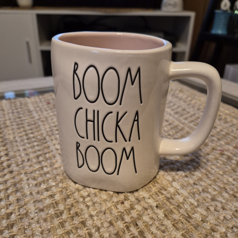 Rae Dunn White and Pink Boom Chicka Boom Mug
